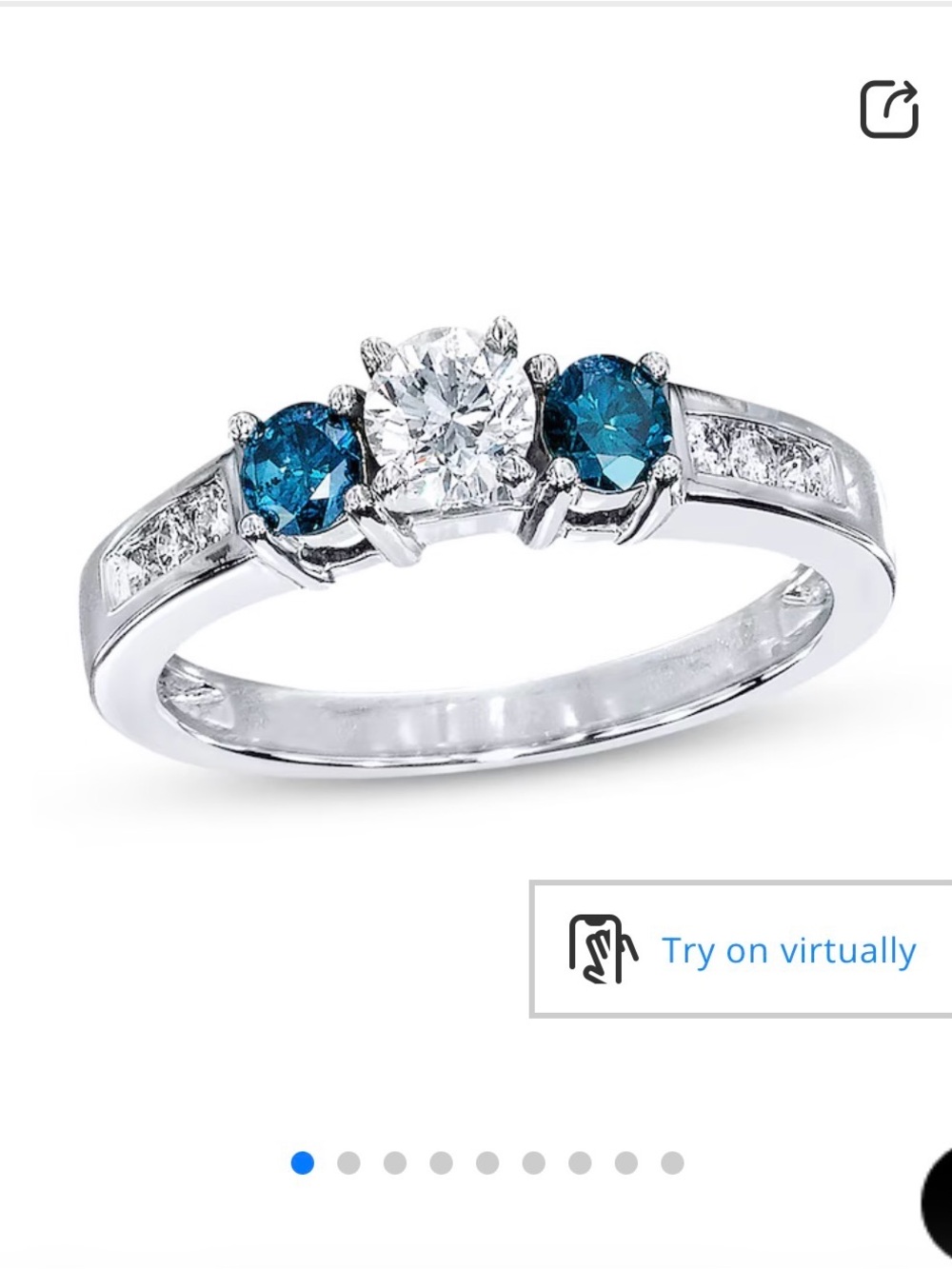 Blue/White Diamond 3-Stone Engagement Ring 3/4 ct tw Round-cut 10K White Gold